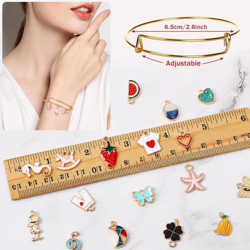 UPINS 30Pcs Silver Expandable Blank Bracelets Adjustable Wire Bangles with 100Pcs Tibetan Silver Charms, 200Pcs Open Jump Rings for Jewelry Making...