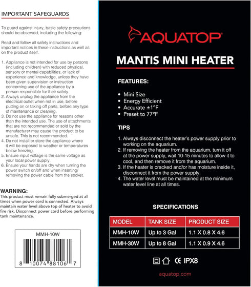 Aquatop 10W Mantis Mini Aquarium Heater - Fully Submersible for Nano Fish Tanks Up to 3 Gallons, Preset 77F Electric Thermostat, Heat-Resistant Wa...