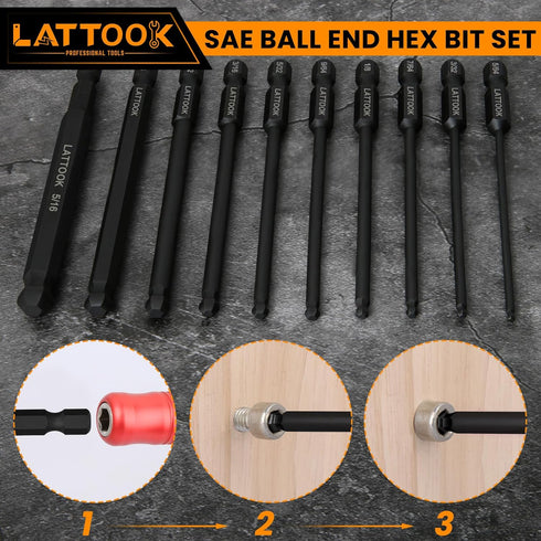 Ball End Hex Head Allen Wrench Drill Bit Set (10PCS SAE 5/16” to 5/64”), LATTOOK 10PCS SAE Ball End Hex Bit Set Allen Key Bit Set Hex Key Drill Bi...