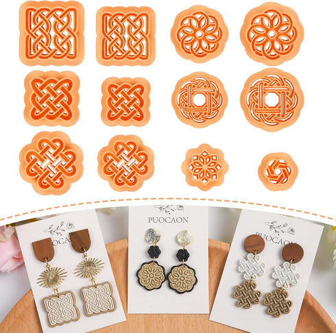 Puocaon Weave Knot Clay Cutters - 12 Pcs Clay Cutters for Polymer Clay Earrings Jewelry Making, Rattan Polymer Clay Cutters for Earrings, Boho Emb...