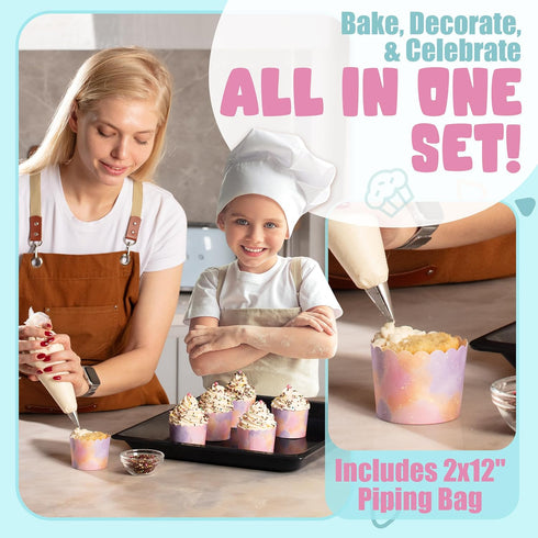 Fairy Dust Mermaid Cupcake Liners Wrappers 25 Count 4.5 oz Each 2-12inch Disposable Piping Bags Party Baby Shower Oven Safe Greaseproof Baking Cup...