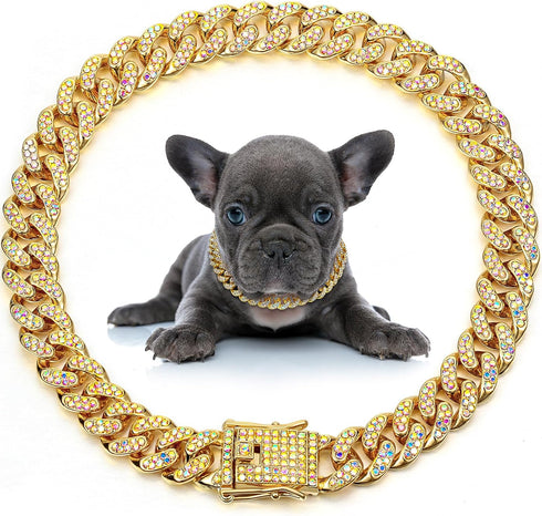 LEIFIDE Dog Chain Collar Diamond Link Dog Collar 12 mm Wide Dog Necklace Metal Cat Chain Pet Crystal Collar Jewelry Accessories for Small Medium L...