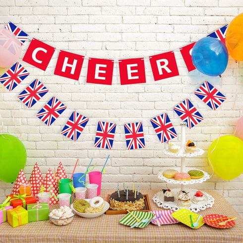 2 Pieces British Party Garland Cheers British Banner Garland UK Flag Pennant Banner for Hanging Coronation Union Jack Party Decoration...