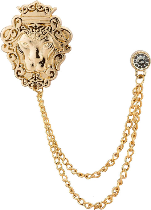 Knighthood Vintage Men Golden Crowned Lion King With Stone Hanging Chain Brooch Pins Lapel Pin, Suit Coat for Women Accessories...