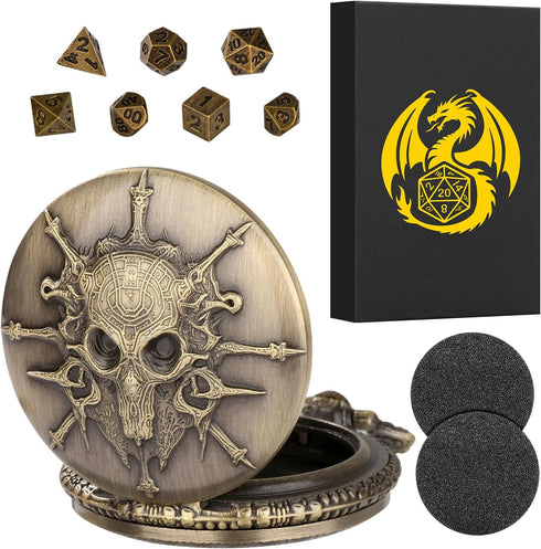 Mini DND Dice Set Steampunk Warlock Pocket Watch Shell Case, 7pcs Polyhedral Metal D&D Dice Set, DND Gifts with Gift Box for Gamer, Role Playing B...