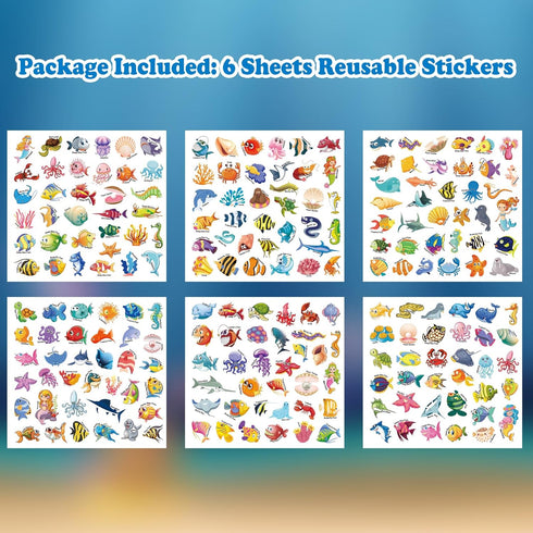 214 PCS Ocean Animals Reusable Sticker Books for Kids, 6 Sheets Reusable Stickers for Toddlers, Cute Waterproof Toddler Stickers Age 3+, Window Cl...