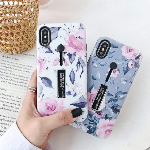 Compatible with iPhone XR Case Finger Grip,3D Embossed Pink Flowers Gray Shell Design,Rugged Shockproof Slim Fit Dual Layer Finger Ring Loop Strap...