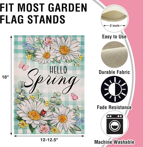 Hello Spring Daisy Flower Small Decorative Garden Flag, Floral Eucalyptus Leaves Teal Plaid Yard Lawn Outside Decor, Butterfly Farmhouse Burlap Ou...