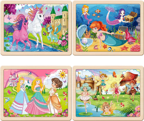Wooden Puzzles for Kids Ages 4-6, 4 Packs 24 PCs Unicorn Mermaid Princess Fairy Jigsaw Puzzles, Preschool Educational Brain Teaser Toys for Girls ...