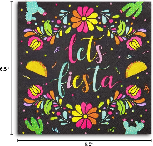 Sparkle and Bash 100 Pack Let's Fiesta Party Napkins for Kids Birthday, Cinco de Mayo Decorations (Black, 6.5 In) - Mexican Decorations for Party...
