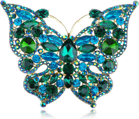 Alilang Golden Tone Sparkle Green Blue Crystal Rhinestones Butterfly Insect Brooch Lapel Pins for Hat Bag Suit Tie...