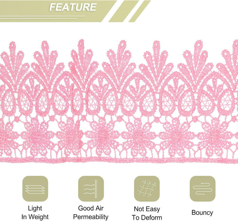 MECCANIXITY 3 Inch Wide 5 Yard Lace Ribbon Floral Pattern Pink Embroidered Lace Trim Ribbon for Sewing Making, and DIY Crafts, Gift Wrapping, Wedd...