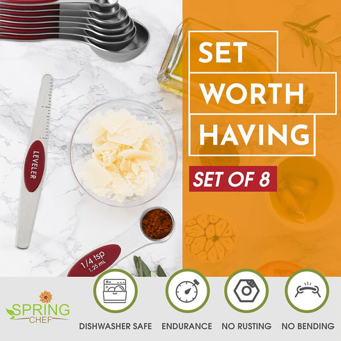 Spring Chef Red Stainless Steel Magnetic Measuring Spoons Set of 8 with Leveler, Dual Sided Nesting Teaspoon & Tablespoon Measuring Spoons, Kitche...