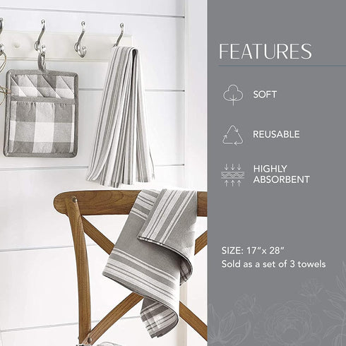 Elrene Home Fashions Farmhouse Living Stripe and Check Kitchen Towels, 17" x 28" (Set of 3), Gray/White 3...
