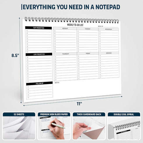 Weekly Planner To Do List Pad - 8.5x11" 52 Sheets Spiral - Desk Notepad with Multiple Sections - Undated Planning Notebook Checklist, Todo Agenda ...