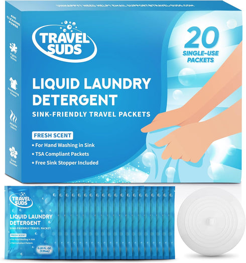 TravelSuds Laundry Detergent Sink Packets (20 pack) | Travel Laundry Detergent for Hand Washing in the Sink, Includes Free Sink Stopper | Pack of ...
