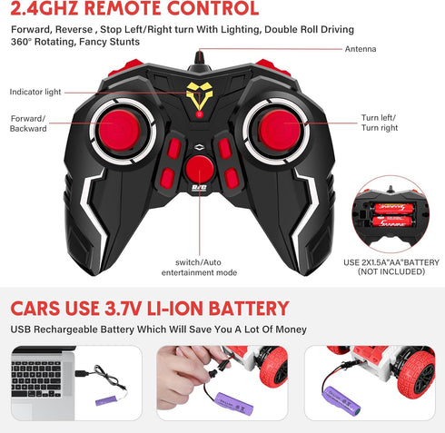 Remote Control Car, Double Sided RC Car, 4WD Off-Road Stunt Car with 360° Flips, 2.4Ghz Indoor/Outdoor All Terrain Rechargeable Electric Toy Cars ...