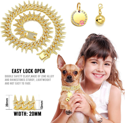 Rivet Cuban Link Dog Collar 13mm Gold Chain Dog Cat Collar with Design Secure Buckle Bling CZ Diamond Chain Dog Collars for Small Medium Large Dog...