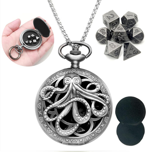 Mini Dice Necklace Tiny DND Dice with Pocket Watch Shell Silver Octopus Metal Case D&D Dice Set Portable 7PCS Keychain Dice Antique Iron Cthulhu D...