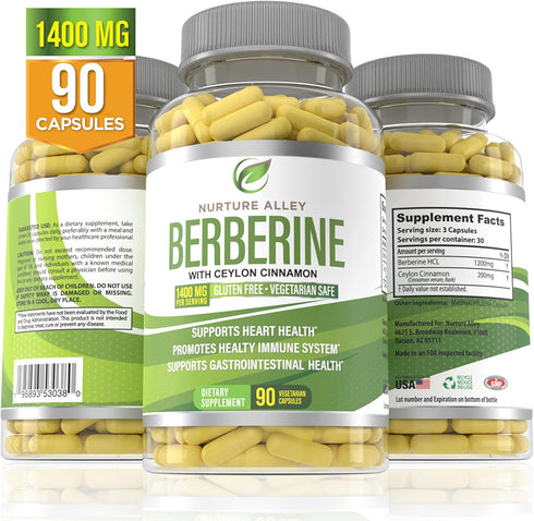 Berberine Complex - Berberine HCL 1200mg Plus Organic Ceylon Cinnamon 200mg - 90 Capsules - Supports Metabolism, Immune System - Berberine HCI Sup...