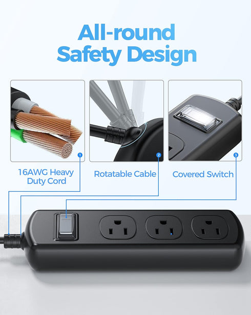EIGSO Outdoor Power Strip Weatherproof, IPX6 Grade Waterproof Surge Protector with 3 Wide Outlets, Anti-Electric Shock, 6 FT Heavy Duty Extension ...