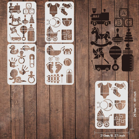 FINGERINSPIRE 4 Pcs Baby Theme Stencils Template 11.6x8.3 Inch Plastic Baby Bottle Stroller Reusable Drawing Painting Stencils for Wood, Floor, Wa...