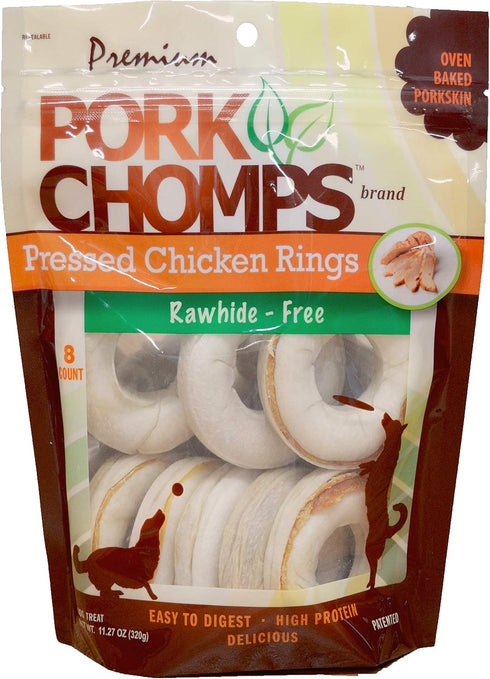 Pork Chomps Pressed Pork Skin Dog Chews, 2.5-inch Rings, Real Chicken, 8 Count...
