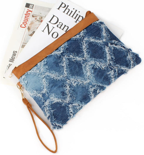 ZLM BAG US Women Distressed Denim Evening Purse Pu Leather Clutch Handbag Rhombus Pattern Wristlet Bag...
