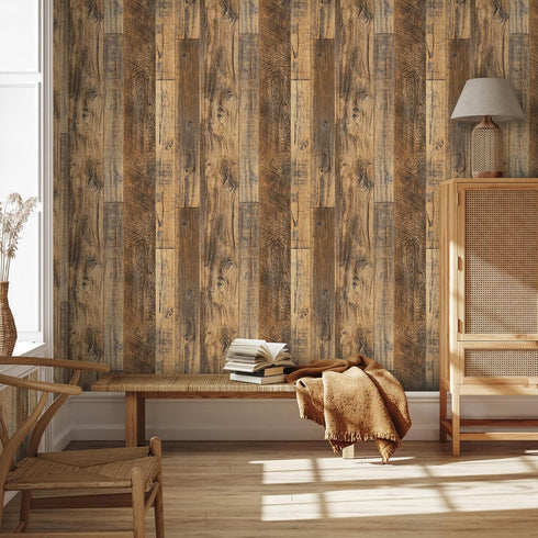 TANONE Brown Wood Peel and Stick Wallpaper 11.8" X 197" Self Adhesive Removable Decorative Film Wood Grain Wallpaper for Wall Covering Furniture C...