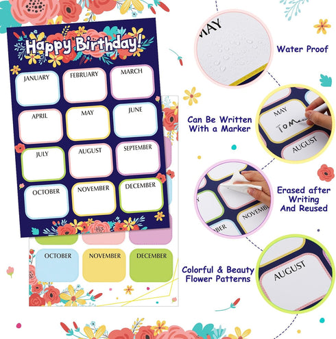 Spakon 2 Pack Floral Birthday Poster Chart for Classroom 12.4 x 17.5 Inch Happy Birthday Decoration Birthday Calendar Poster Chart Classroom Decor...