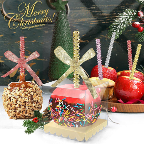 24 Pack Bling Candy Apple Sticks and Bags Kits, Caramel Apple Wooden Skewers,Food Bamboo Decorative Sticks for Rice Krispie Treats Cookie Cake Pop...