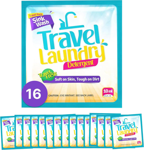 Skywin Travel Laundry Detergent 10 ml - 16 Pack Effective Travel Detergent Packets for Sink Washing - Lightweight Travel Laundry Soap, Internation...