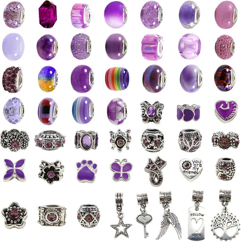 TOAOB 100pcs Assorted European Large Holes Beads Purple Spacer Lampwork Glass Craft Beads Assortments Rhinestone Metal Beads for DIY Charms Bracel...