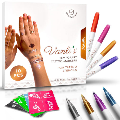 Vanli's Metallic 10 Temporary Tattoo Markers, Temporary Tattoo Pens with 30 Tattoo Stencils. Stocking Stuffers For Kids, Boys, Girls, Women....