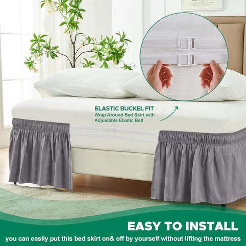 Biscaynebay Wrap Around Bed Skirts for Full & Full XL Beds 15" Drop, Silver Grey Adjustable Elastic Dust Ruffles Easy Fit Wrinkle & Fade Resistant...