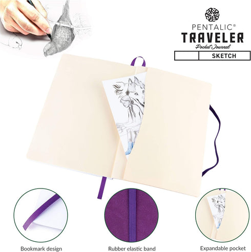 Pentalic 6" x 8" Pocket Sketchbook Traveler Journal, 160 Pages, Purple...