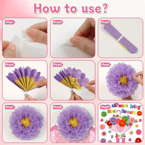 ojustbeok April Showers Bring May Flowers Bulletin Board Decorations Spring Cutouts with 3D Tissue Paper Pompoms Spring Bulletin Board Spring Flow...