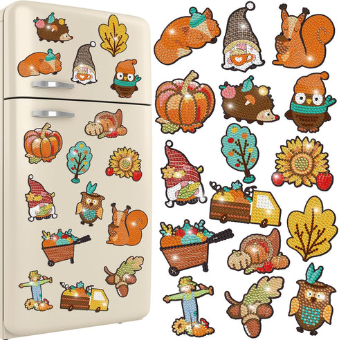 Copkim 16 Pcs 5 D Diamond Painting Magnets Kit Fall Theme Thanksgiving Gnome Decoration Diamond Painting Refrigerator Magnets Fridge Stickers Supp...