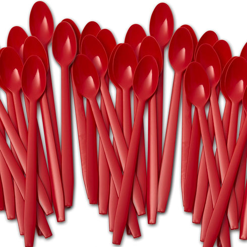 Extra Long, Sturdy Red 8in Premium Sundae Spoons 50ct. Heavy Duty Disposable Plastic Utensils for Ice Cream, Milkshakes, Tea and Floats. Best Stir...