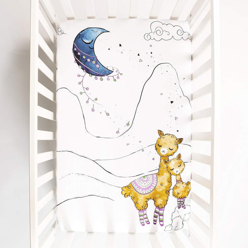 JumpOff Jo - Fitted Mini Crib Sheet for Portable Crib, Playard, and Playpen Mattresses and Mats, Soft 100% Cotton, 24 in. x 38 in. - Llama and Mam...