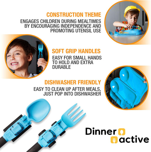 Dinneractive Utensil Set for Kids – Construction Themed Toddler Forks and Spoons, Toddler Utensils – 2-Piece Set – Blue Construction Utensils for ...
