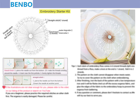 BENBO Embroidery Kits for Beginners with Pattern, Dandelion Hand Embroidery Cross Stitch Needlepoint Crafts with Color Pattern Cloth, 15cm Bamboo ...