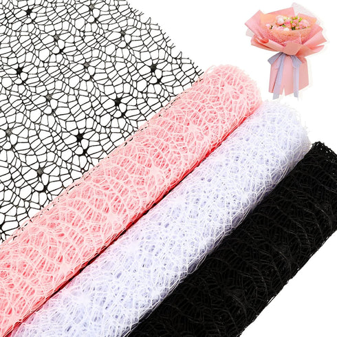 Whaline 3 Rolls Jacquard Net Mesh Openwork Floral Wrapping Paper Flowers Bouquet Paper Pink Black White Florist Packaging Paper for Wedding Birthd...
