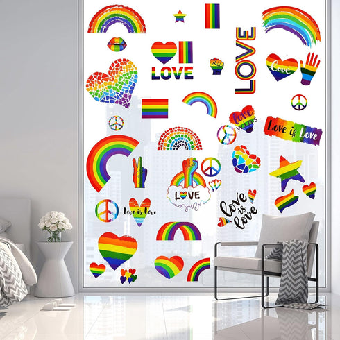 Outus 18 Pieces Gay Pride Rainbow Window Clings Rainbow Heart Sticker Love Word Homosexuality Love is Love Window Clings for Home Bedroom Bathroom...