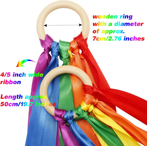 WILLBOND 3 Pieces Rainbow Hand Kite Ribbon Wrist Ribbons, Ribbon Wind Wand Dancing Ribbon Streamer with Wood Ring Learning Sensory Educational Toy...