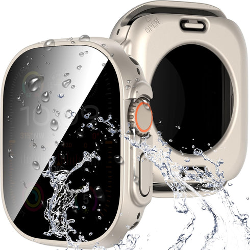 Suoman 3 in 1 Case for Apple Watch Ultra 2 /Ultra 49mm Waterproof Privacy Screen Protector, Tempered Glass Cover Front + Back Bumper 360°Protectio...