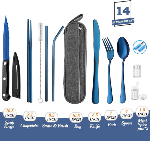 Portable Reusable Travel Utensils Silverware with Case,Travel Camping Cutlery set,Chopsticks and Straw, Flatware Cutlery Set with Case, Stainless ...