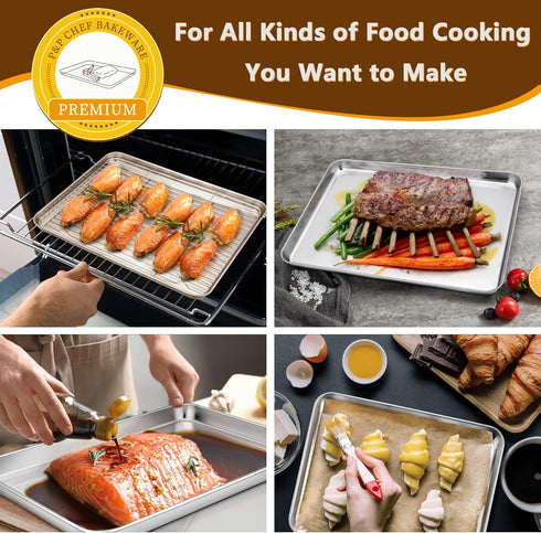 P&P CHEF 12.5 Inch Baking Sheet Pan with Rack Set, Stainless Steel Cookie Sheet Pan Tray with Cooling Rack for Oven Use, Cooking Roasting, Non Tox...