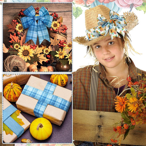 3 Rolls 30 Yards Fall Wired Ribbons Thanksgiving Pumpkin Buffalo Plaid Ribbon Autumn Harvest Ribbons for Wreaths Craft Bow Making Supplies Gifts W...