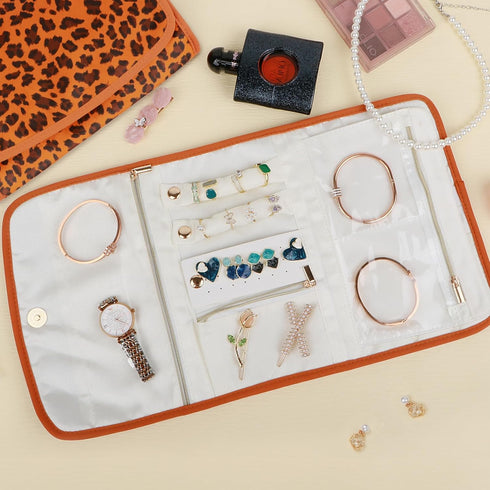 Foldable Leopard Travel Jewelry Bag Organizer Jewelry Storage Roll for Earrings,Necklaces,Rings,Bracelets,Brooches...